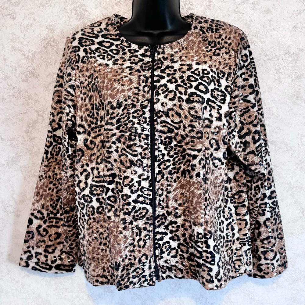 Investments Womens Size PL Leopard Animal Print Full Zip Long Sleeve Shine
